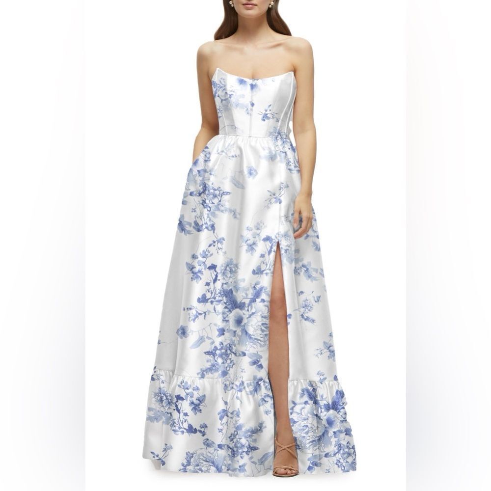 Nwt Dessy Collection Floral Strapless Bustier Bodice Gown White Blue 2
